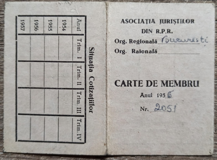 Carte de membru Asociatia Juristilor din RPR 1955