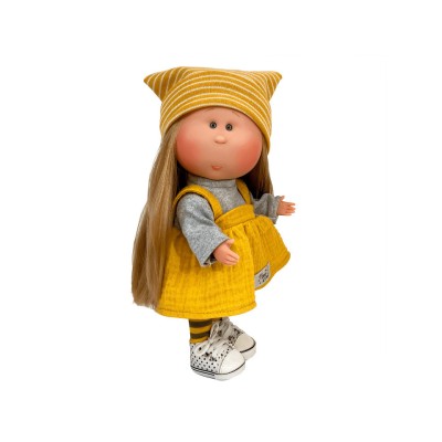 Papusa Nines D&amp;#039;Onil, Mia, cu parul blond si fes galben, cu articulatii, cu foto
