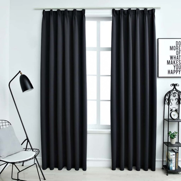 Draperii opace cu c&acirc;rlige, 2 buc., negru, 140 x 225 cm