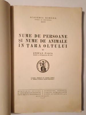 Ștefan Pașca - Nume de persoane și nume de animale &amp;icirc;n Țara Oltului (1936) foto