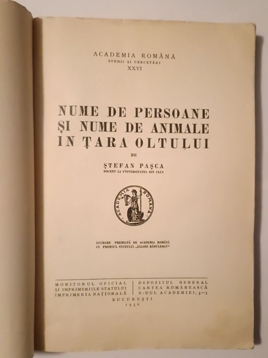 Ștefan Pașca - Nume de persoane și nume de animale &icirc;n Țara Oltului (1936)