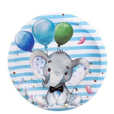 Set 10 farfurii unica folosinta, flippy, imprimeu elefant, din carton, 17 cm, albastru foto