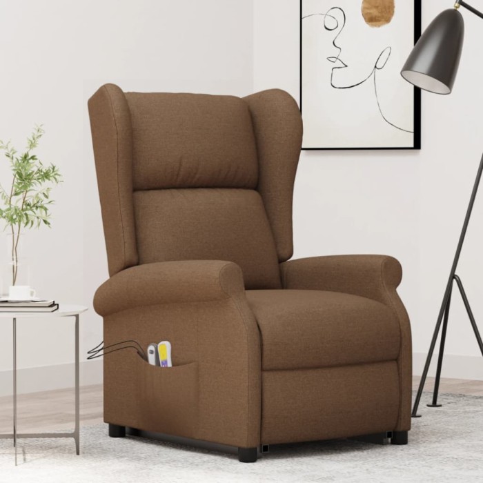vidaXL Fotoliu de masaj cu ridicare, maro, material textil