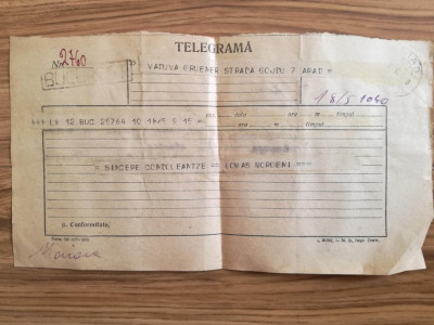 1948, telegrama condoleante antreprenor Jakob Gruner, Arad / Lomas Moroeni foto