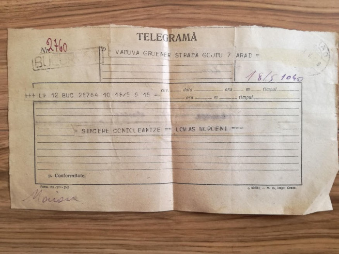 1948, telegrama condoleante antreprenor Jakob Gruner, Arad / Lomas Moroeni