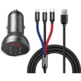 Incarcator auto Baseus Digital Display,Quick Charge 24W,2 x USB 5V/4.8A,contine Cablu 3 in 1: USB la USB Type-C,microUSB si Lightning de 1.2m, gri