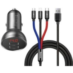 Incarcator auto Baseus Digital Display,Quick Charge 24W,2 x USB 5V/4.8A,contine Cablu 3 in 1: USB la USB Type-C,microUSB si Lightning de 1.2m, gri