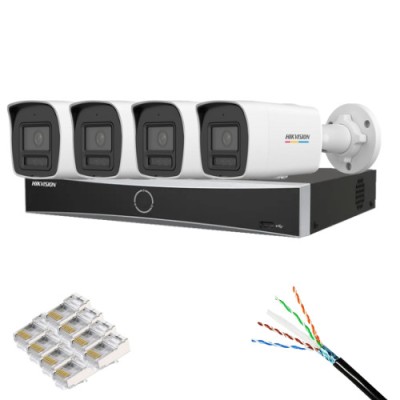 Kit supraveghere Hikvision 4 camere IP 6MP IR/Lumina Alba 30m PoE ColorVu, NVR AcuSense 8 Canale 12MP PoE, Cablu CAT6 FTP Rola 100m si Mufe RJ-45 Safe foto