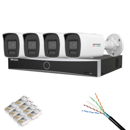 Kit supraveghere Hikvision 4 camere IP 6MP IR/Lumina Alba 30m PoE ColorVu, NVR AcuSense 8 Canale 12MP PoE, Cablu CAT6 FTP Rola 100m si Mufe RJ-45 Safe