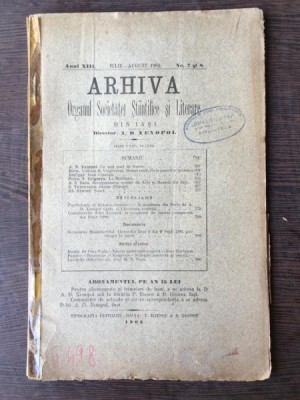 Arhiva - Organul Societatei Stiintifice si Literare Anul XIII Iulie-August 1902 No. 7-8 foto