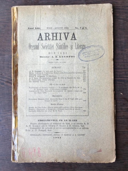 Arhiva - Organul Societatei Stiintifice si Literare Anul XIII Iulie-August 1902 No. 7-8