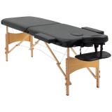 HOMCOM Pat de Masaj Pliabil și Portabil cu &Icirc;nălțime Ajustabilă și Husă de Transport, Structură din Lemn, 185x60x61-88 cm, Negru