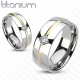 Inel din titan - dungă aurie, zircon - Marime inel: 65