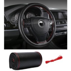 Husa Volan din Piele Neagra 38 cm cu Cusatura Rosie - Universala pentru Volane Rotunde si in Forma de D