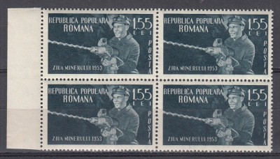 ROMANIA 1953 LP 350 ZIUA MINERULUI BLOC DE 4 TIMBRE STARE MNH foto
