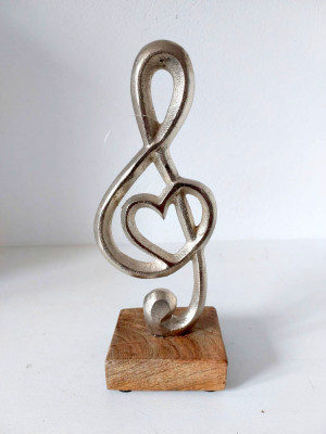Ornament trofeu muzica cheia sol si inima, aluminiu si baza lemn, 22cm foto