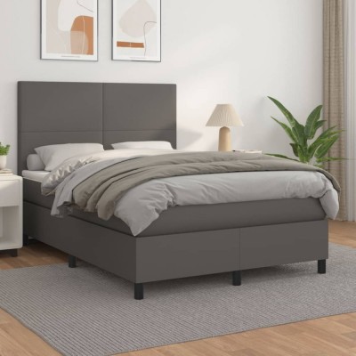 vidaXL Pat box spring cu saltea, gri, 140x200 cm, piele ecologică 3142729 foto