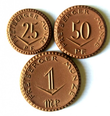 GERMANIA SET 3 MONEDE CERAMICA FREE BERGER 25 50 PFENNIG 1 MARCA MARK 1921 UNC foto