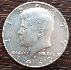 (A1082) MONEDA DIN ARGINT SUA - HALF DOLLAR 1969, LIT. D, KENNEDY foto