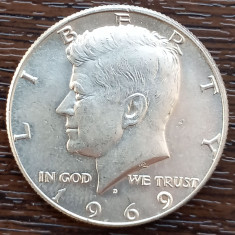 (A1082) MONEDA DIN ARGINT SUA - HALF DOLLAR 1969, LIT. D, KENNEDY