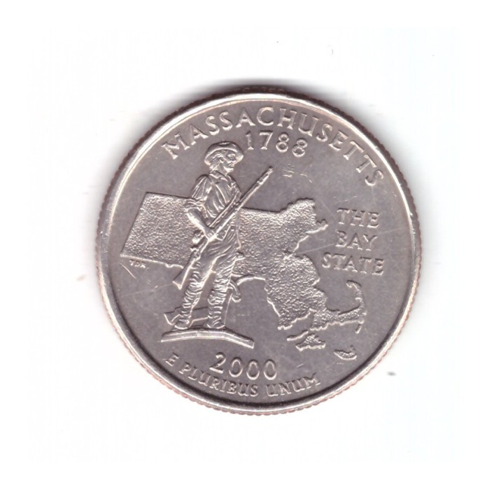 Moneda SUA 25 centi/quarter dollar 2000 P, Massachusetts, stare buna, curata