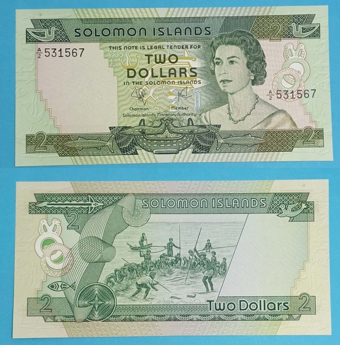 Insulele Solomon 2 Dollars 1977 &#039;Pescuit tradiţional&#039; UNC serie: A/2 531567 p#5