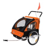 Remorca bicicleta Homcom 2 in 1, portocaliu/negru, 1-2 copii, carlig universal, suspensie, plasa insecte, &lt;40kg, L142cm