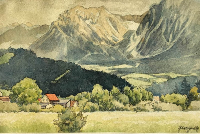 Peisaj alpin, tablou cu acuarelă veche semnată foto
