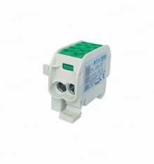 Clema de distributie - derivatie verde Cu-Al 152A 101A pe sina DIN 1 pol 2 intrari borne (16+25mm &sup2;) si 2 iesiri (16+25mm &sup2;) 1000V AC DC