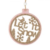Ornament Brad de Crăciun, Model Let it Snow, Roz, Glitter Bej, 10cm, Lemn și Poliester, Oem