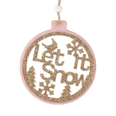 Ornament Brad de Crăciun, Model Let it Snow, Roz, Glitter Bej, 10cm, Lemn și Poliester foto