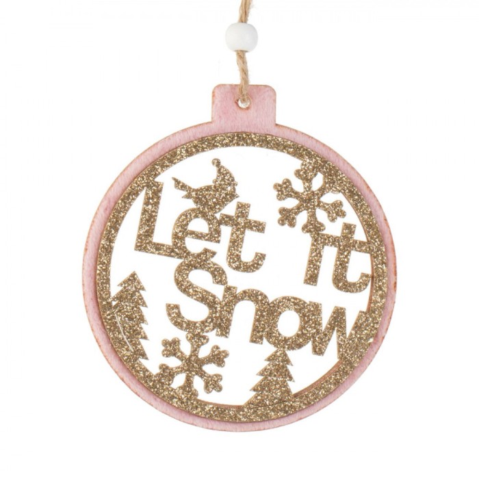 Ornament Brad de Crăciun, Model Let it Snow, Roz, Glitter Bej, 10cm, Lemn și Poliester