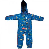 Salopeta pentru copii din material softshell Kidscare, cu protectie la vant si ploaie cu imprimeu Utilaje