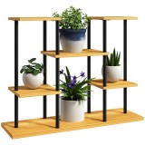 Outsunny Suport plante interior etajeră plantă cu 6 nivele cadru din oțel bază lemn masiv 80 x 24 x 61,5 cm lemn natural | Aosom Romania