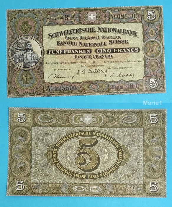 Elveţia 5 Franken 1951 &#039;Wilhelm Tell&#039; UNC serie: 48P 025500 p#11