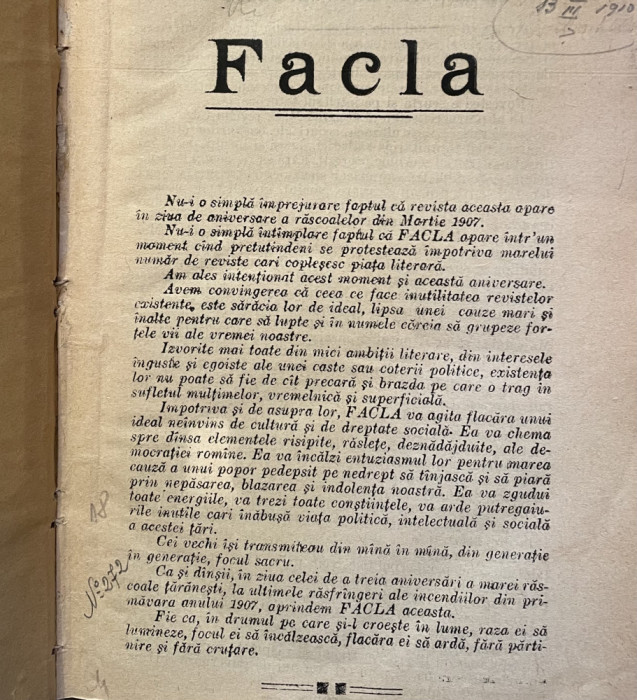 FACLA - REVISTA , ANUL I , AN INTREG 1910