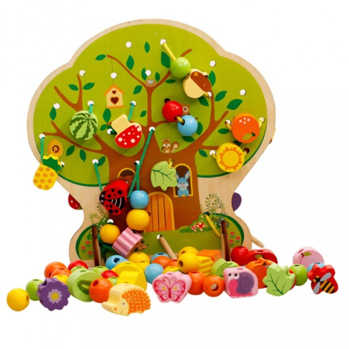 Joc Montessori 2 in 1 Pomul cu fructe, snuruit si insirat, 7Toys