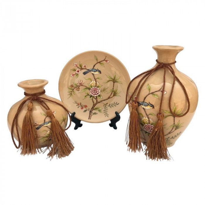 Set 2 vaze decorative si farfurie din ceramica, Flori, Crem, 446H-1