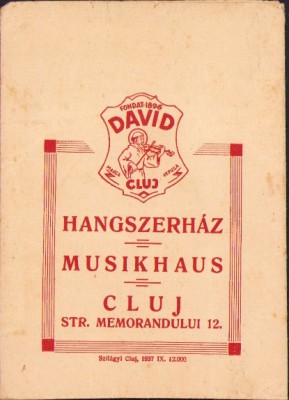 HST A2231 Plic cu reclamă Casa de muzică David din Cluj, perioada interbelică foto