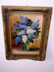 &amp;quot;Vas cu flori de liliac&amp;quot;, ulei/carton, tablou vechi romanesc, 67x49 cm foto