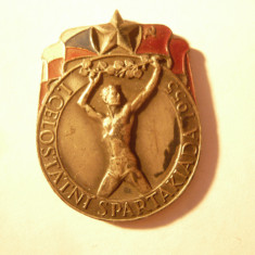 Insigna - Prima Spartakiada 1955 Cehoslovacia ,argint emailat ,h=3,8cm, fara ac
