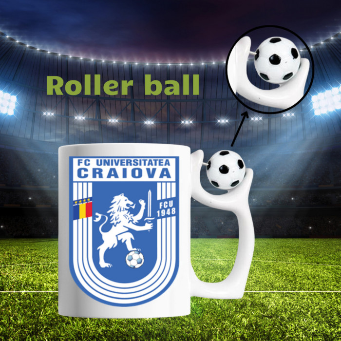 Cană cu minge fotbal - &bdquo;Fotbal club Craiova&rdquo;,v2, sport, fotbal, suporter, alba, 330 ml