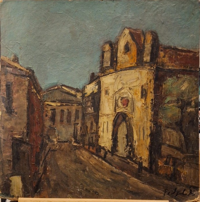 Tablou original ulei pe panou &ndash; scenă urbană veche, semnat, artă expresionistă, vintage, unicat