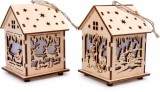 Set 2 Casute Lemn Craciun Luminoase Small Foot, 10cm, Decoratiuni LED, Ornament Brad, Lemn, Cadou Craciun