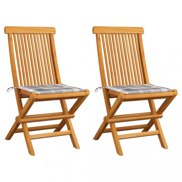 Scaune gradina, perne gri model carouri, 2 buc, lemn masiv tec