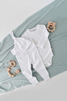 Set 3 piese: body cu maneca lunga, pantaloni lungi si caciulita din bumbac organic si modal - Alb, BabyCosy (Marime: 9-12 luni) foto