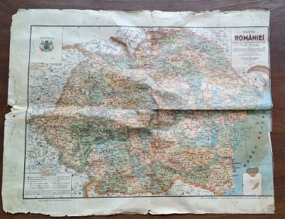 Harta Rom&amp;acirc;niei 1936 M.D. Moldoveanu &amp;ndash; fizică/administrativă &amp;ndash; scara 1:1.500.000 foto