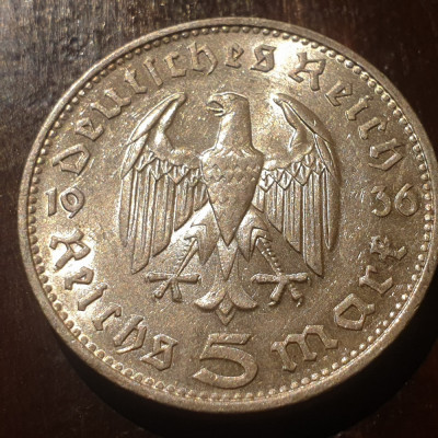 Germania 5 mark (marci) 1936 F argint foto