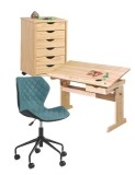 Set birou ergonomic HM Julia inaltime reglabila, unghi inclinare ajustabil, cu scaun HM Matrix negru/turcoaz, stofa, 100 kg si dulapior rulant HM Nils