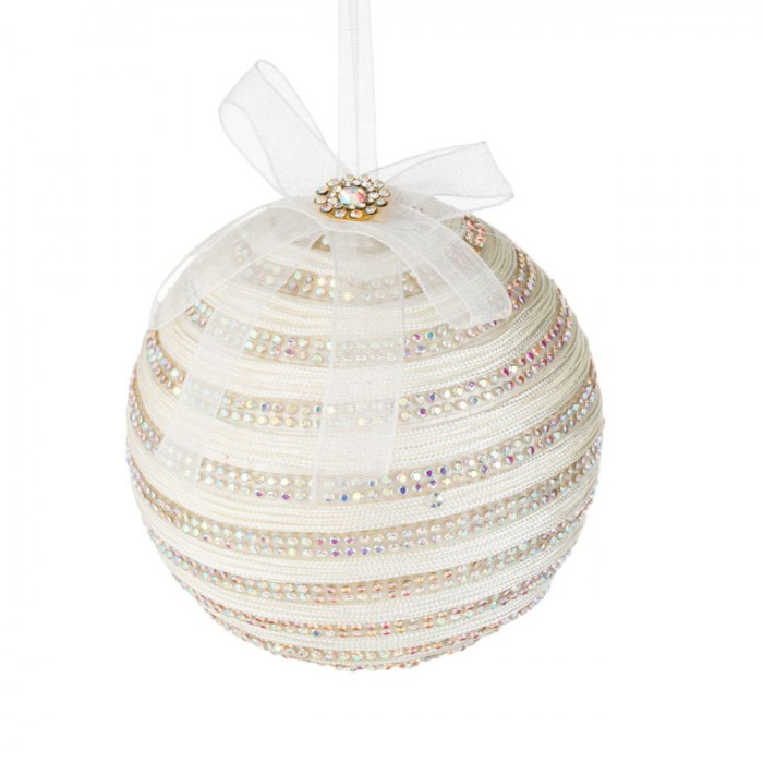 Glob Crăciun, Strasuri Ecru, șnur Alb, Diametru 9 cm, Fundiță Decorativă